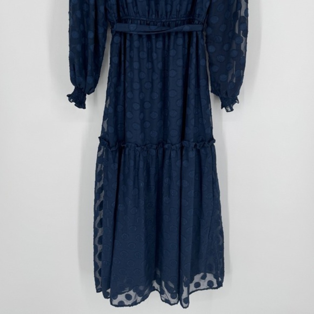 Moon River Navy Polka Dot Midi Dress Small Sheer Long Sleeve Ruffle Tie Belt - Picture 8 of 11